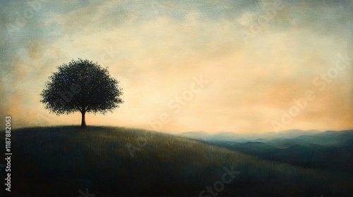 A twilight sky bathes a solitary tree silhouette in a magical glow, with soft hues creating an enchanting backdrop ideal for artistic endeavors or nature-themed concepts.