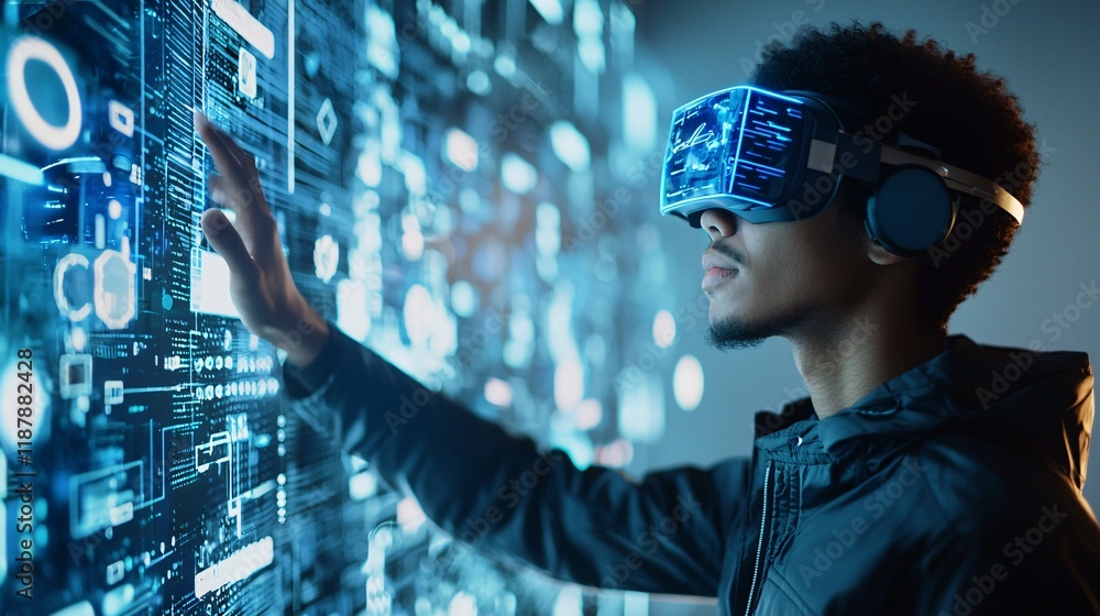 A solitary professional interacts with holographic interfaces in a cutting-edge workspace that seamlessly merges digital displays and reality. A solitary professional interacts with holographic interfaces in a cutting-edge workspace that seamlessly merges digital displays and reality.