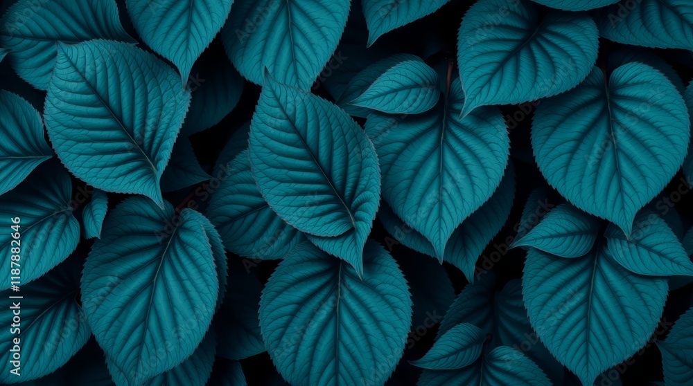 Close-up view of many overlapping leaves of blue with shades of teal and turquoise Close-up view of many overlapping leaves of blue with shades of teal and turquoise