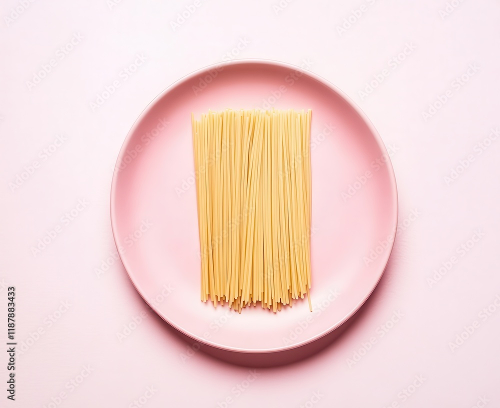 Raw Spaghetti Sticks Neatly Arranged on a Soft Pink Plate Showcasing the Elegance of Italian Pasta in a Minimalistic Culinary Presentation Raw Spaghetti Sticks Neatly Arranged on a Soft Pink Plate Showcasing the Elegance of Italian Pasta in a Minimalistic Culinary Presentation
