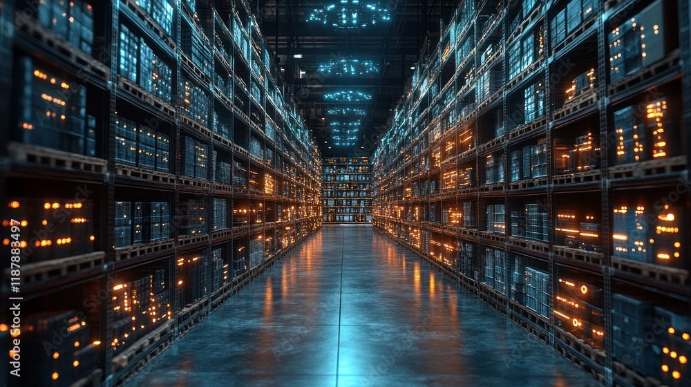 A futuristic data storage facility with illuminated shelves.