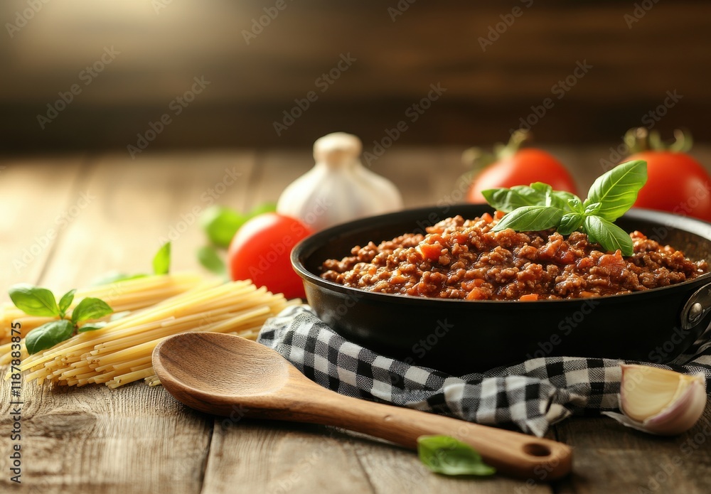 Savory Bolognese Sauce with Fresh Ingredients in a Skillet Surrounded by Raw Spaghetti, Tomatoes, Garlic, and a Wooden Spoon on a Rustic Wooden Table Savory Bolognese Sauce with Fresh Ingredients in a Skillet Surrounded by Raw Spaghetti, Tomatoes, Garlic, and a Wooden Spoon on a Rustic Wooden Table