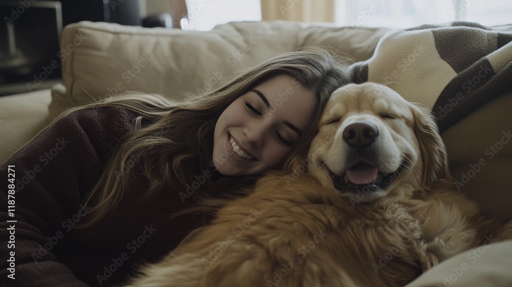 Obraz premium Girl and Golden Retriever Napping Together on Cozy Couch