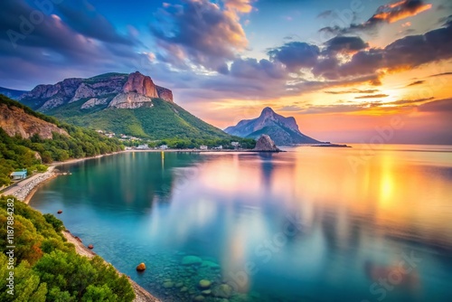 Minimalist Crimea Seascape: Tsarskaya Bay, Novy Svet Mountain Panorama photo