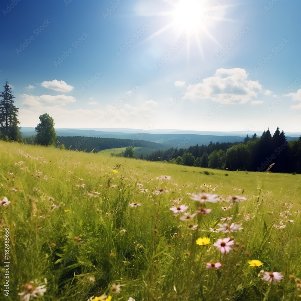 Obraz premium Sunny Meadow Landscape With Wildflowers And Distant Hills