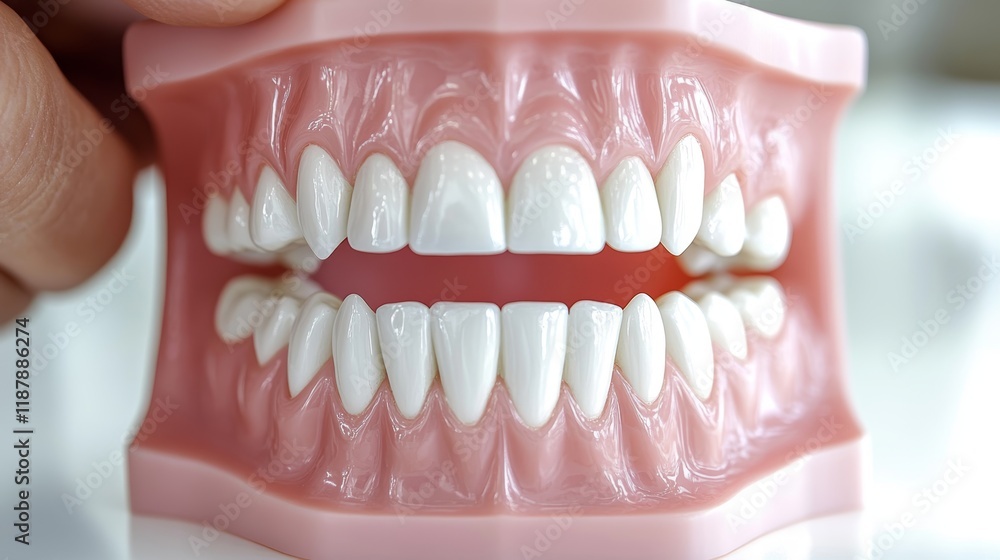 Obraz premium Set of ceramic veneers on the tooth model with dentist hand white background