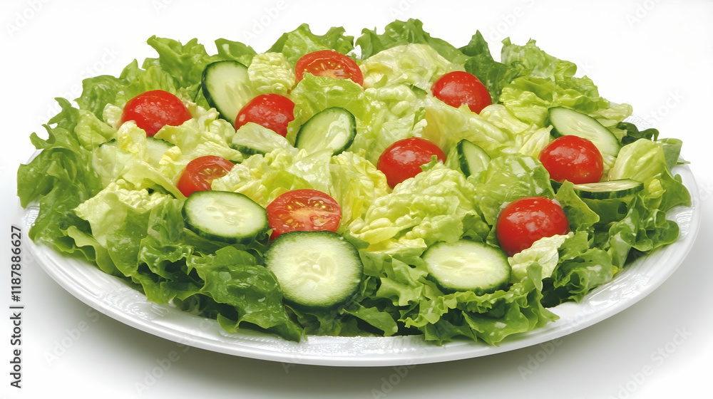 Fresh green salad with tomatoes and cucumbers on white plate, studio shot, healthy food, recipe background