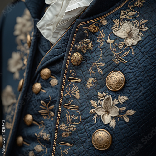 A close-up of the details of a colonial uniform, showing brass buttons, intricate gold embroidery on a navy blue coat, and a crisp white cravat, illuminated by soft natural light