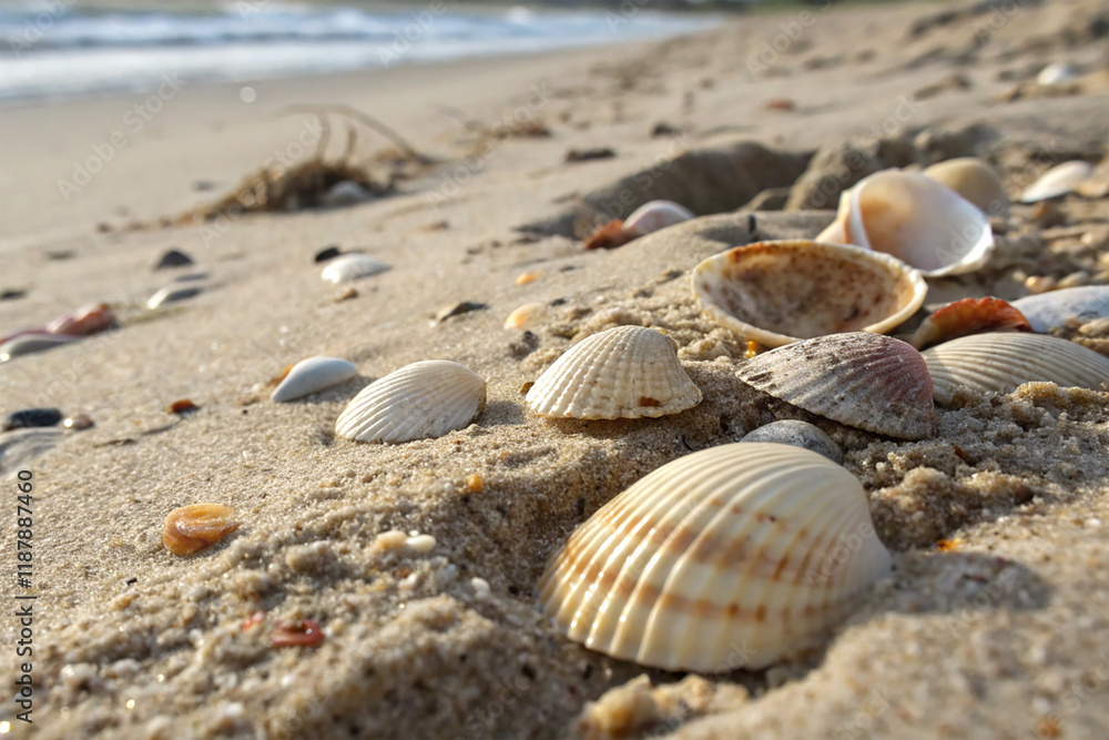 Close-up of sea shells on a sandy beach Close-up of sea shells on a sandy beach
