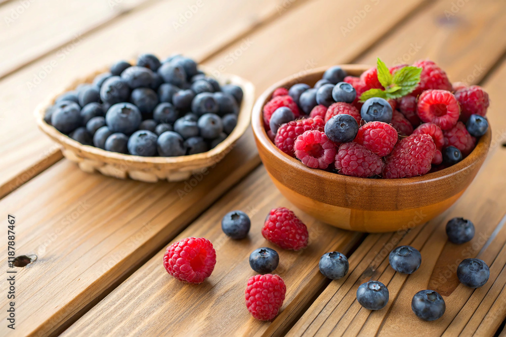 Freshly picked berries on a wooden table Freshly picked berries on a wooden table