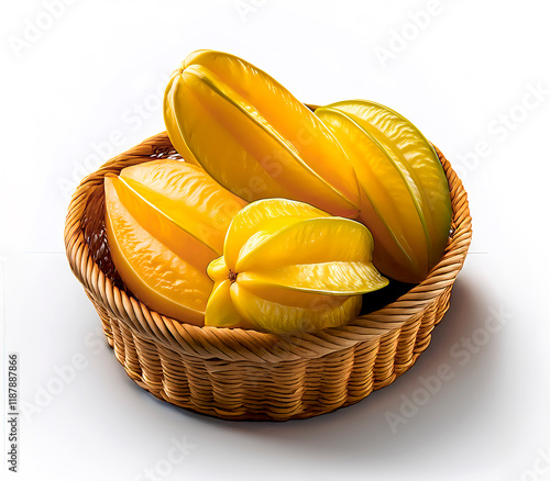 Whole yellow carambola fruit in a wicker basket, isolated on white background photo