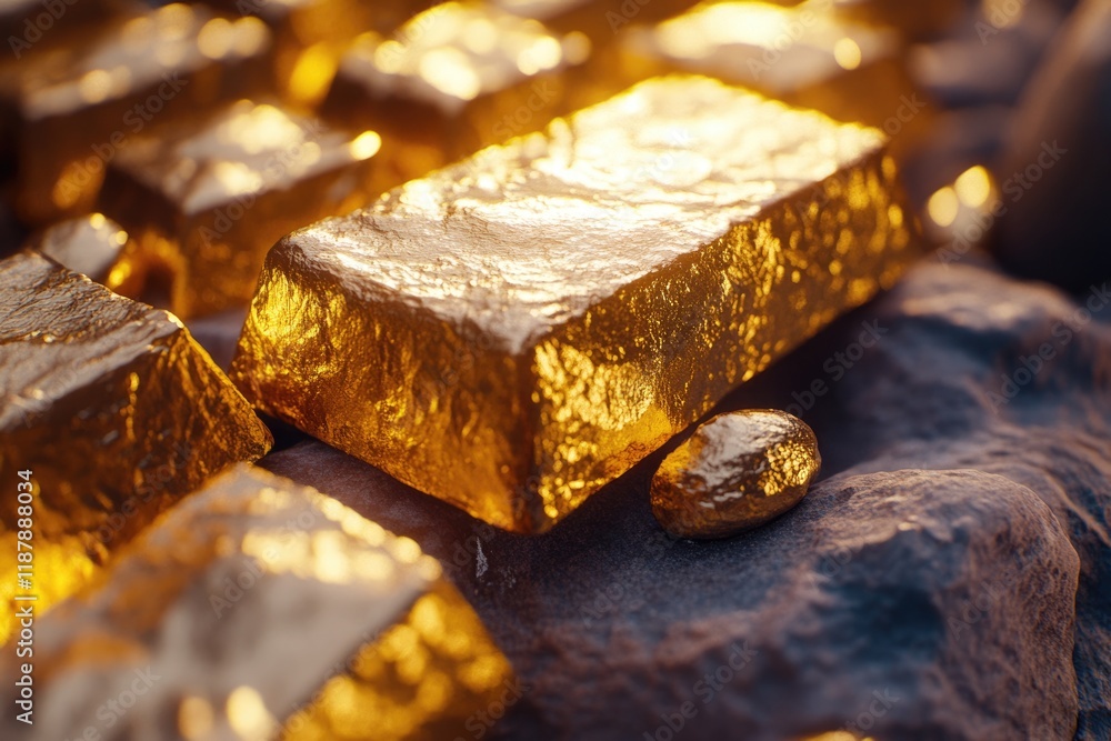 Close up of fine gold ingots and a gold nugget Close up of fine gold ingots and a gold nugget