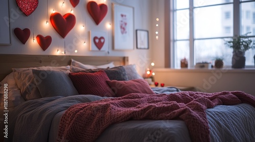 Cozy bedroom decorated for Valentine Day Interior design