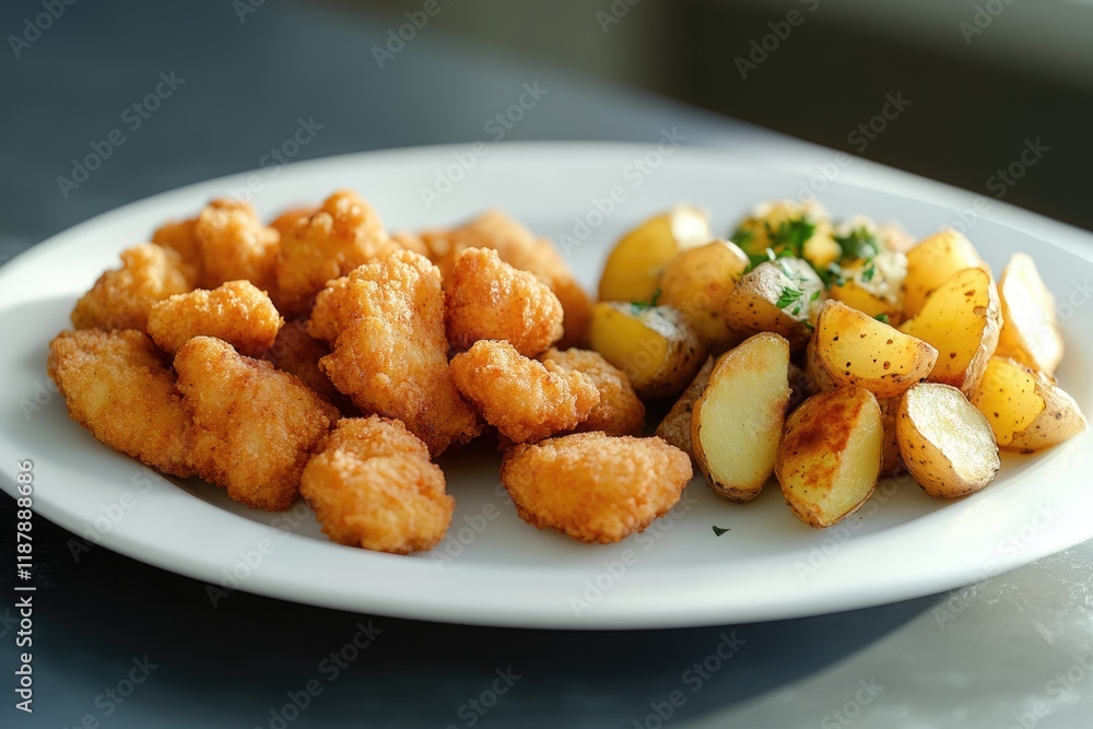 chicken nuggets and fried potatoes on a white plate chicken nuggets and fried potatoes on a white plate