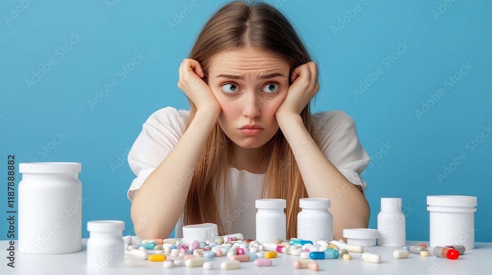 Woman worried by medication, pills, blue background Woman worried by medication, pills, blue background