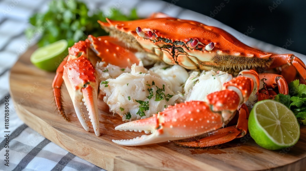 Fresh crab on wooden board claw crab cooking food seafood plate with herbs spices lemon lime salad boiled or steamed crab red in the restaurant Fresh crab on wooden board claw crab cooking food seafood plate with herbs spices lemon lime salad boiled or steamed crab red in the restaurant