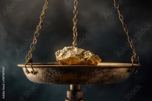 Weighing a gold nugget on a old brass scale dish for trade or exchange.  gold nugget photo