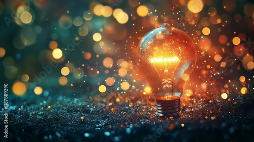 A glowing light bulb on ground with sparkling particles and bokeh effects.