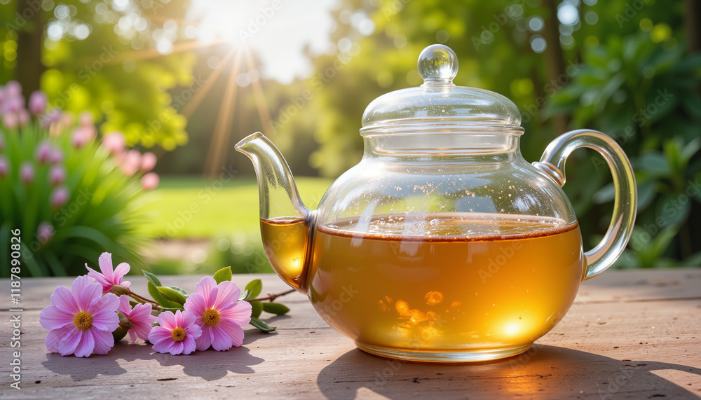 Glass teapot with tea and flowers on garden table Glass teapot with tea and flowers on garden table