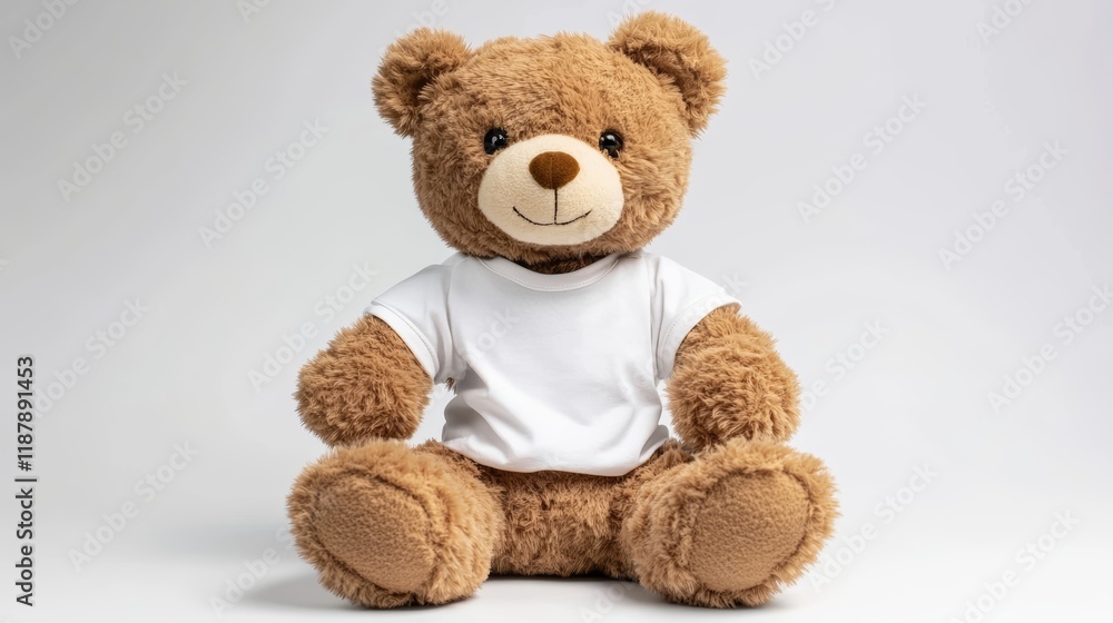 Obraz premium Warm cuddly brown teddy bear wearing white t-shirt sitting down white background