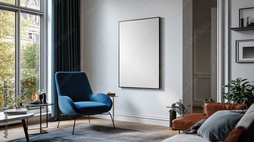 Fototapeta premium Modern Living Room Interior Design with Blank Canvas Artwork