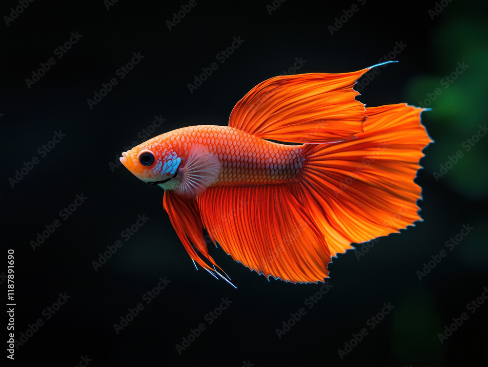 Fototapeta premium A Vibrant Fish with Orange Fins Dances Gracefully Through the Water, Displaying Its Vivid Colors and Fluid Movements in a Serene Aquatic Setting.