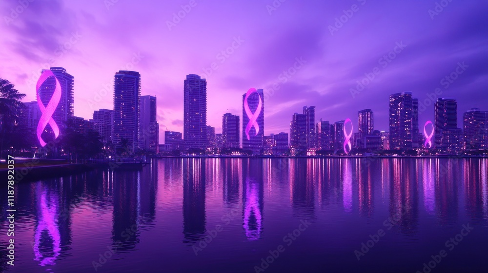 City skyline illuminated in purple with decorative ribbons reflecting on water at twilight. City skyline illuminated in purple with decorative ribbons reflecting on water at twilight.