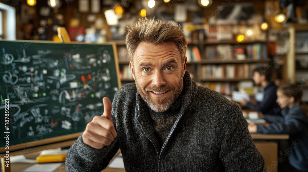 Smiling Man Giving Thumbs Up in Bookstore Smiling Man Giving Thumbs Up in Bookstore