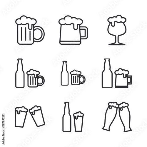 A set of beer and wine glasses and bottles