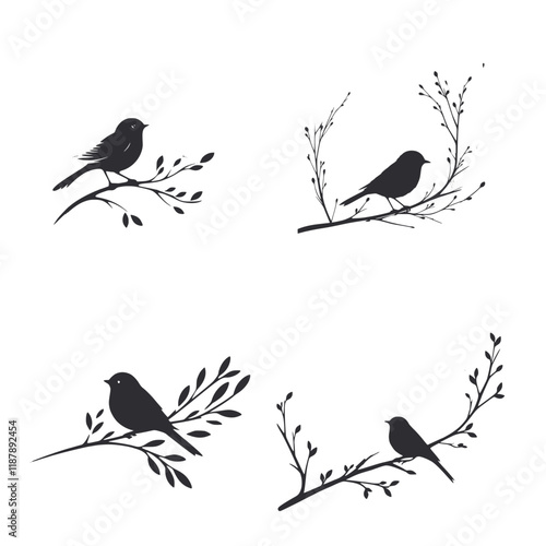 Four silhouettes of birds sitting on branches