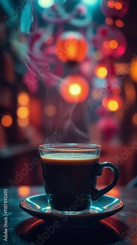 hot cup of coffee on the table in vertical video format