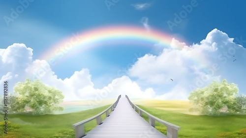 Serene Landscape With Rainbow Bridge Over Green Hills