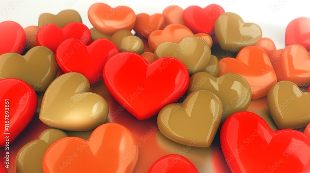 Fototapeta premium Romantic Glowing Red and Gold Heart Shapes Floating on Shiny Abstract Background