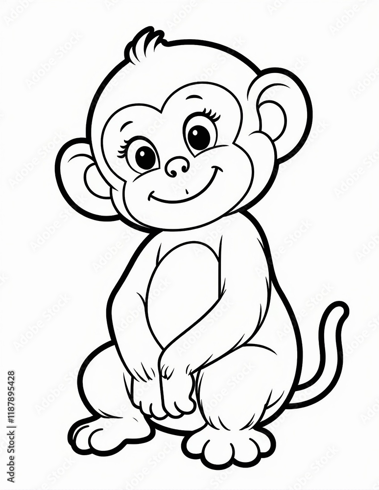 Obraz premium Simple Black and White Vector Illustration of a Cute Monkey for Coloring page 