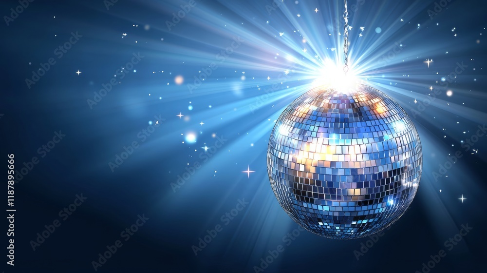 Fototapeta premium Disco ball with mirror surface and bright rays hanging on ceiling night party background