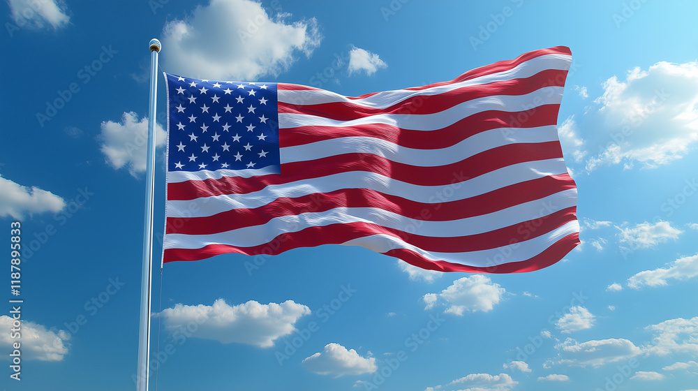 The Stars and Stripes flag waving proudly against a bright blue sky, its vibrant red, white, and blue colors illuminated by natural sunlight, with gentle folds creating dynamic motion The Stars and Stripes flag waving proudly against a bright blue sky, its vibrant red, white, and blue colors illuminated by natural sunlight, with gentle folds creating dynamic motion