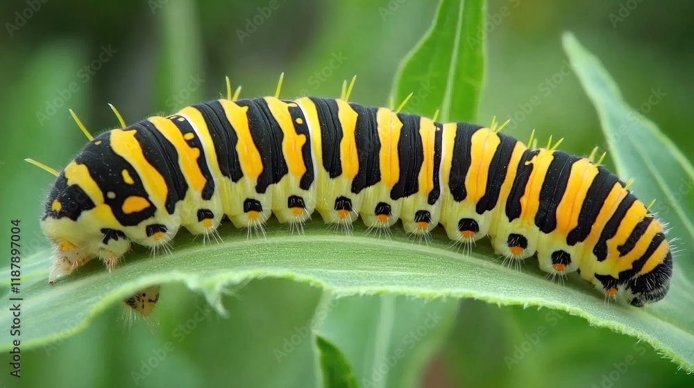 A close-up of a vibrant caterpillar with black and yellow stripes on a green leaf. A close-up of a vibrant caterpillar with black and yellow stripes on a green leaf.