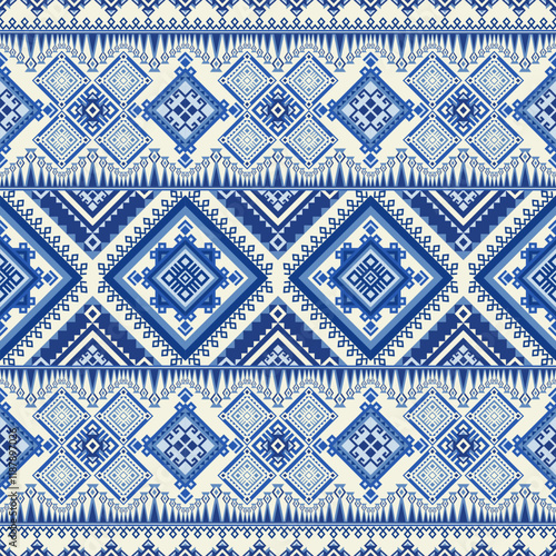 Traditional Blue Geometric Pattern with Diamond Shapes and Intricate Symmetrical Tribal Motif Details