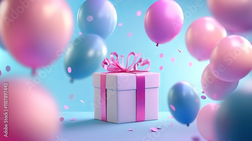 Colorful happy birthday poster with balloons and gift box on festive background photo