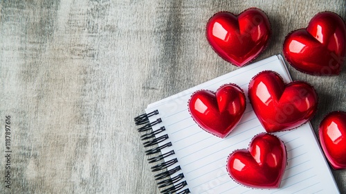 Red hearts next to notepad - happy valentines day- happy birthday