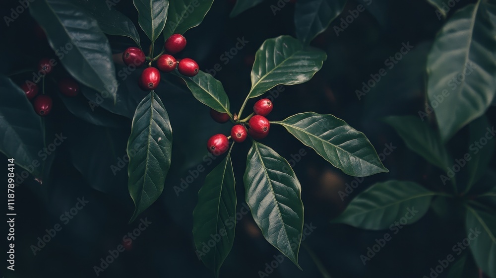 custom made wallpaper toronto digitalClose-up of vibrant red berries among lush green leaves in a dark setting.