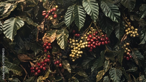 A close-up of coffee plants with ripe red and unripe green coffee cherries among leaves.