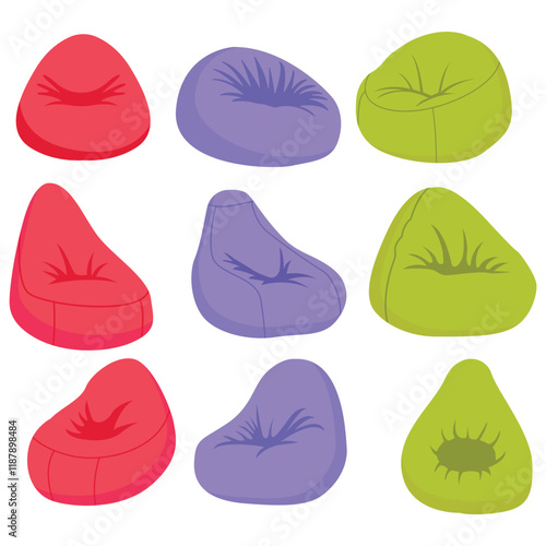 Bean Bag Collection Various Shape And Color Isolated On White Background 