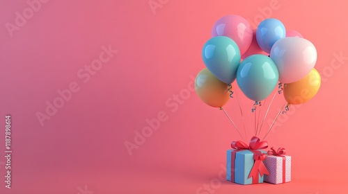 Colorful child birthday card design featuring balloons and gifts with blank space for text on a horizontal background photo