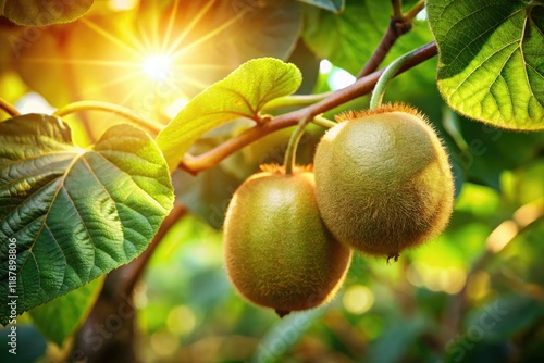 Summer's bounty: lush kiwi vines laden with ripe, juicy fruit, vibrant green foliage flourishing.