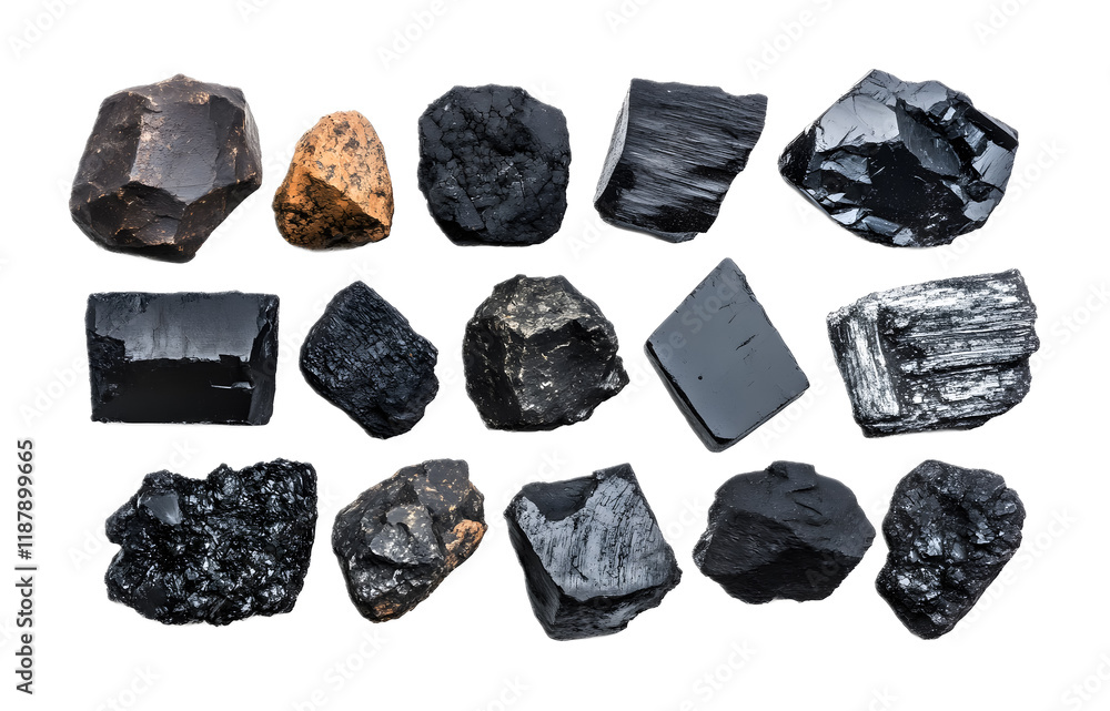 Naklejka premium Collection of different types of coal on a transparent background. isolated background.