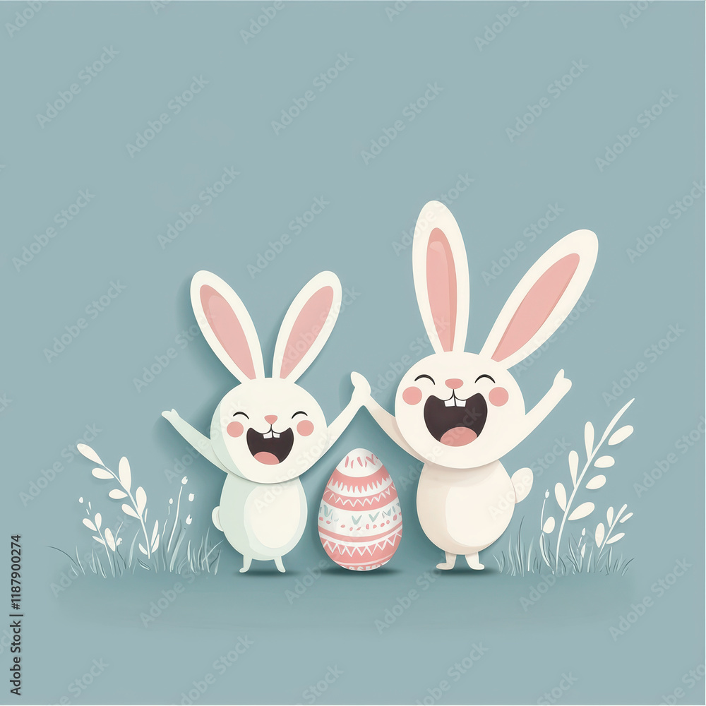 Happy bunnies celebrating with pastel Easter eggs in cheerful scene Happy bunnies celebrating with pastel Easter eggs in cheerful scene