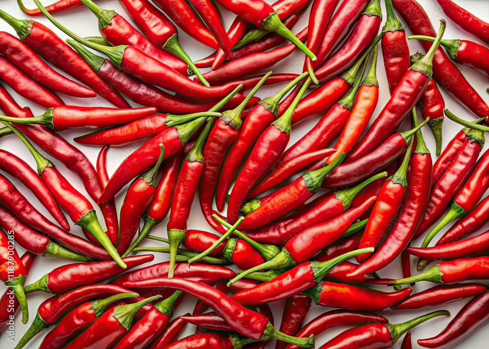 Vibrant red chili peppers dominate a stark white backdrop; a spicy culinary still life, top-down view. Vibrant red chili peppers dominate a stark white backdrop; a spicy culinary still life, top-down view.
