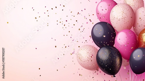 Happy birthday celebration with luxury balloons and colorful confetti, elegant anniversary banner background