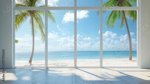 Fototapeta Naklejka Na Ścianę i Meble -  White window Beach window view coconut tree ocean view seaside tropical nature landscape scene scenery wallpaper